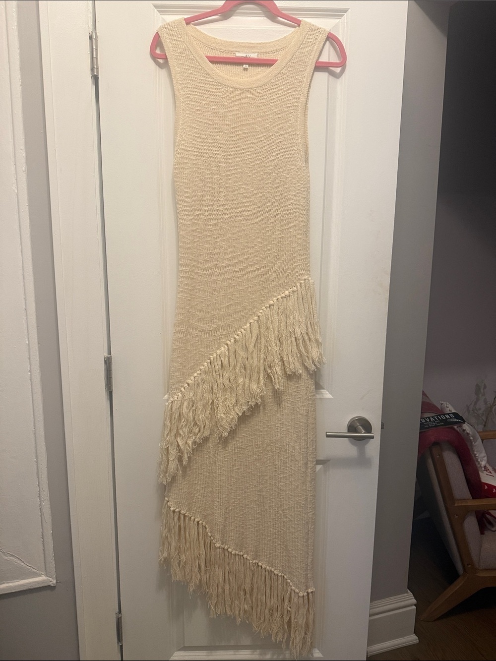 Able Cream Asymmetrical Fringe Knit Maxi Dress